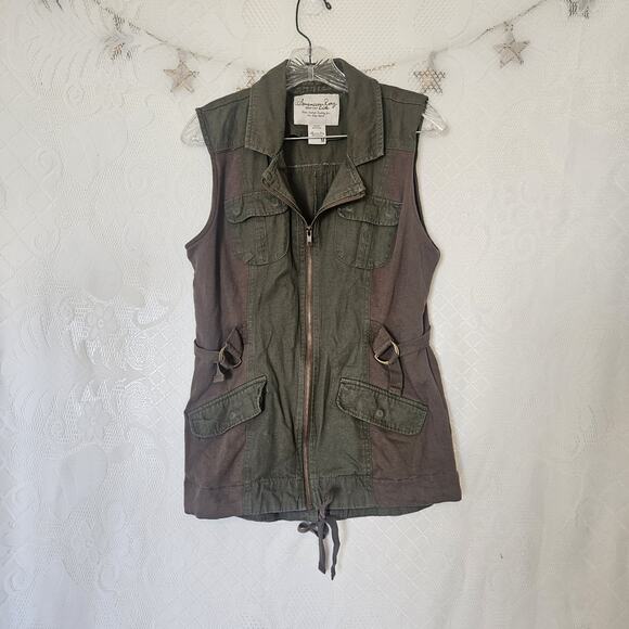 American Rag Women Medium Khaki Full Zip Utility Field Vest Military Practical - Picture 1 of 10